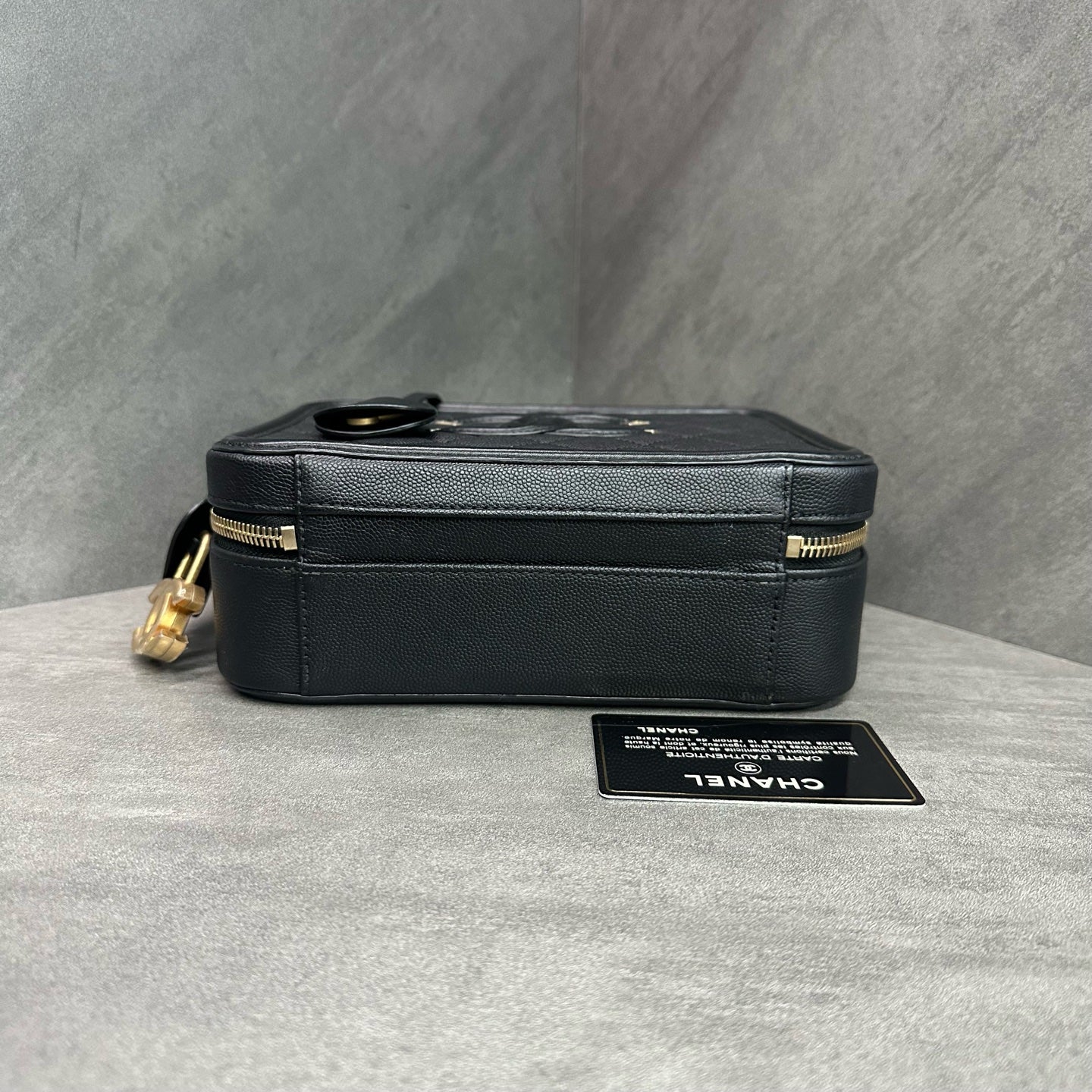 Chanel Vanity Case Black Quilted Camera Bag with Gold Hardware Medium 25 Opening with Card