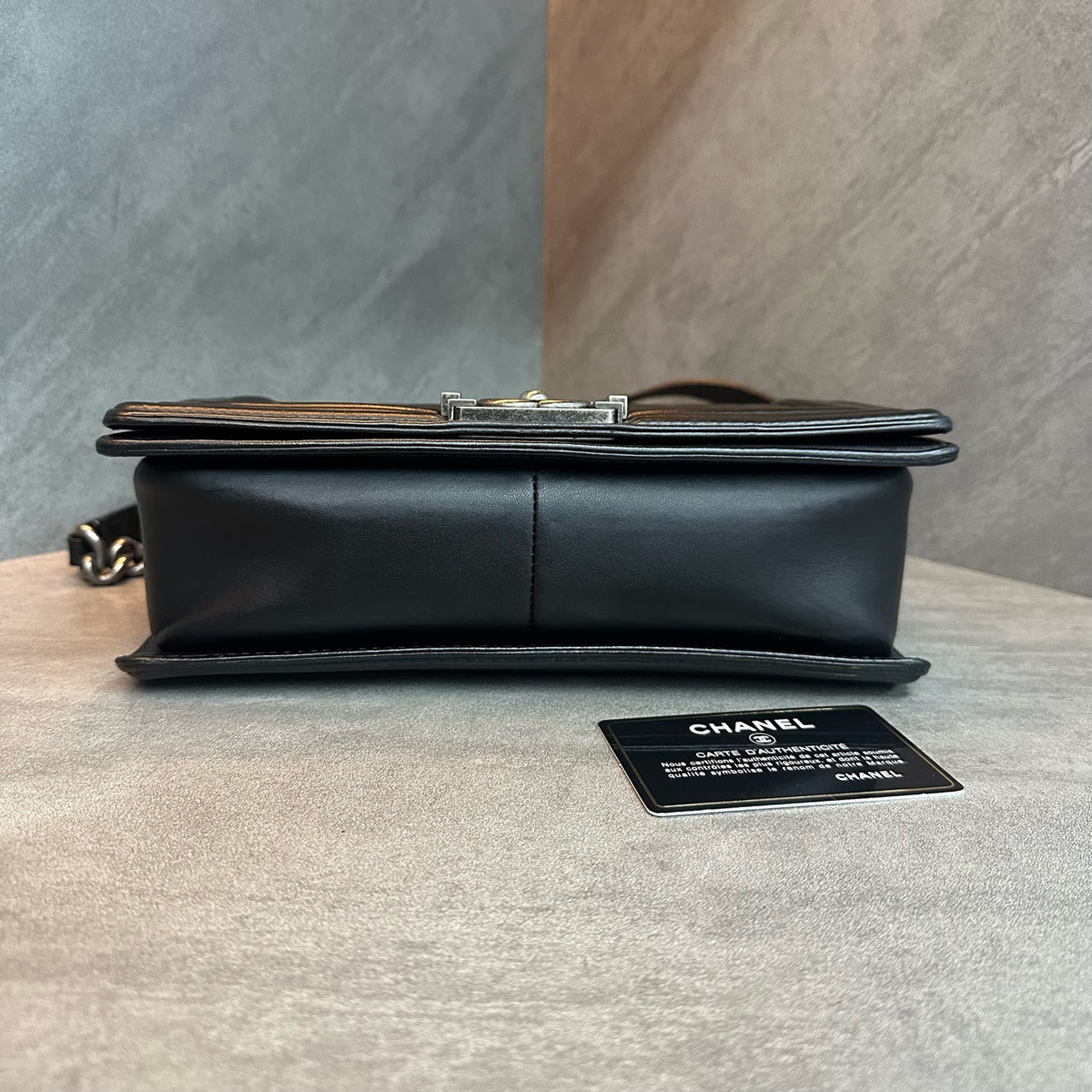 Chanel Le Boy Medium Black Silver Lambskin Chain Bag 20 with Card
