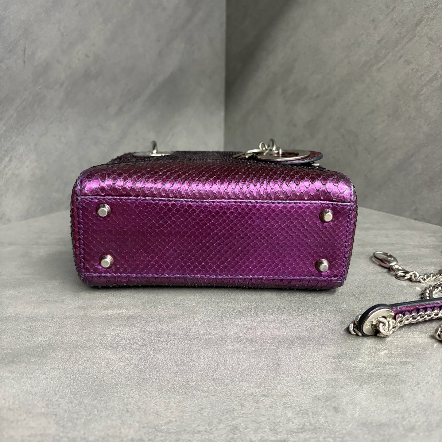 Dior Lady Dior, three-grid purple snakeskin, 2015 chain shoulder strap, structured silhouette, in stock at a great price