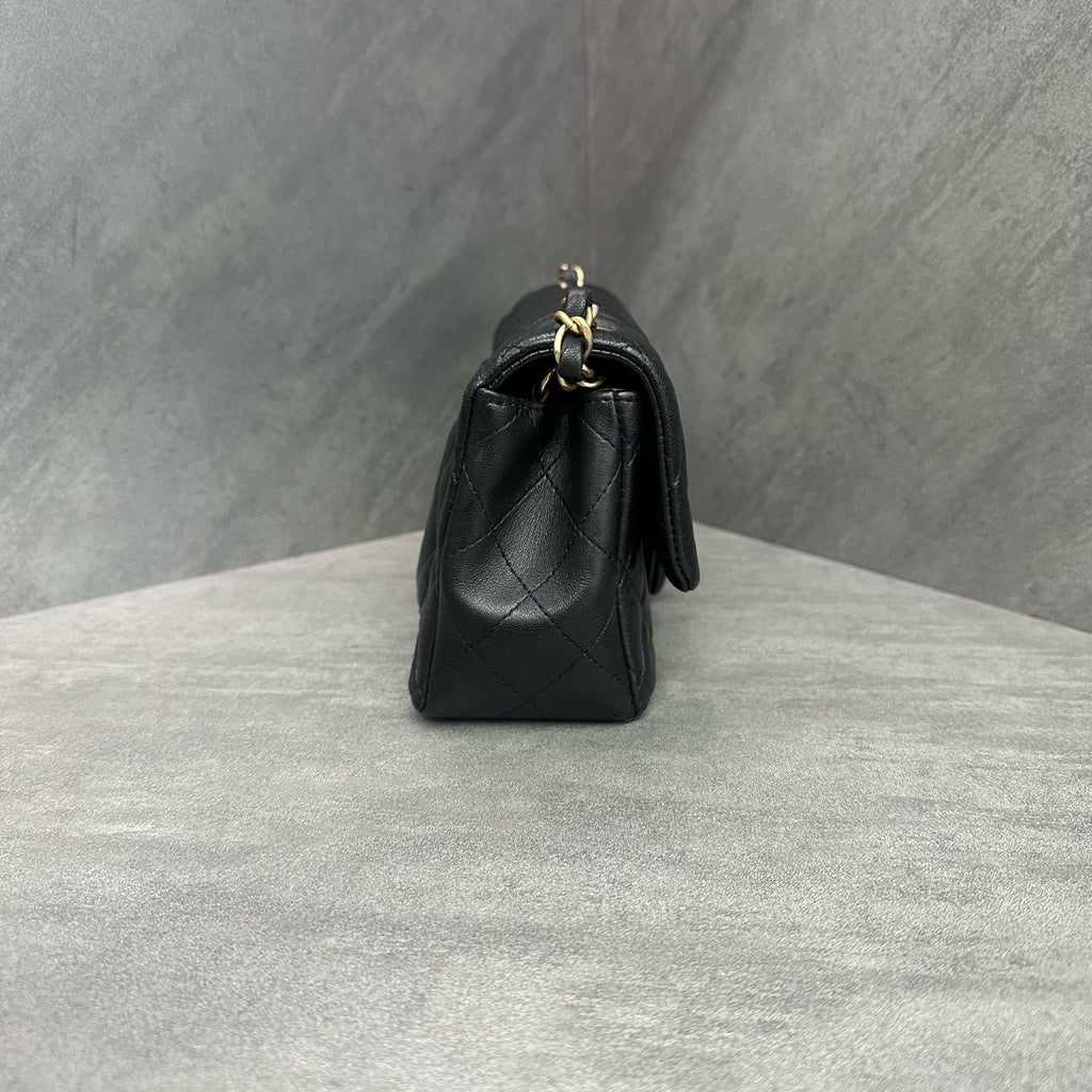 Chanel CF Mini Black Gold Lambskin Chain Bag 27 Opening, Structured Shape, Clean Interior