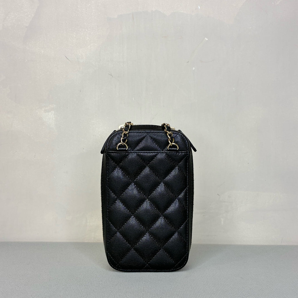 CHANEL Laser 29 Open Black Gold Lychee Grain Cowhide Phone Bag 99% New Size 10*17