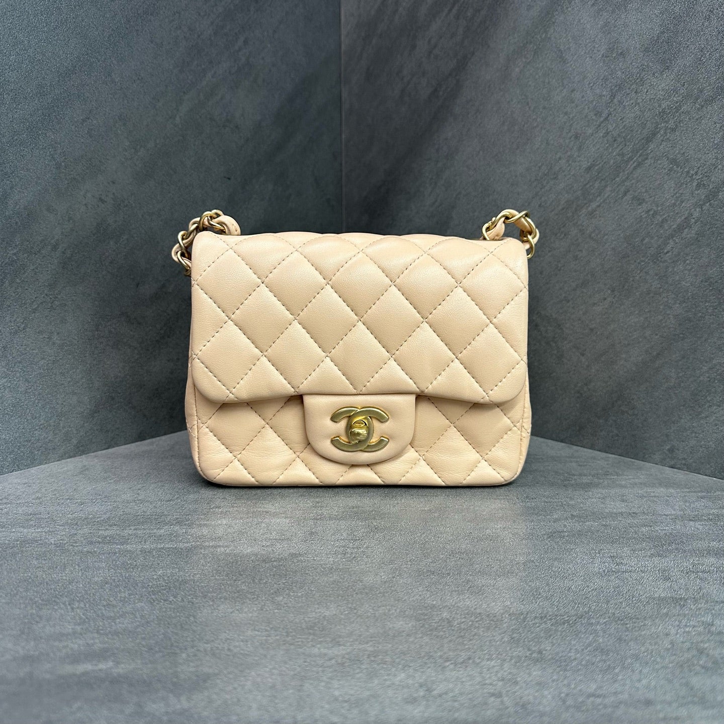 Chanel CF Square Bag in Metallic Gold Lambskin with Chain 27cm, structured shape, clean interior.