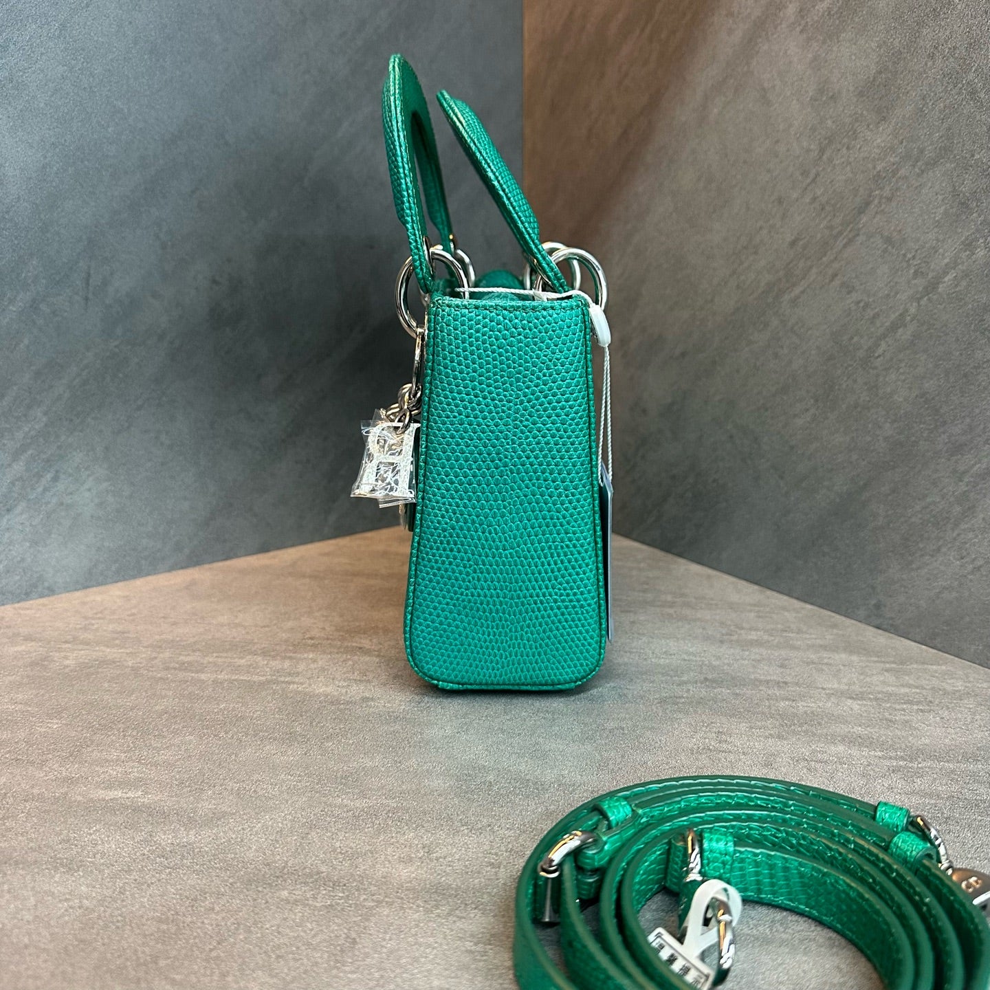 Dior Lady Dior Small Cannage Handle Bag, Emerald Lizard Skin, Diamond-Embellished Clasp, 2021 Serial Code