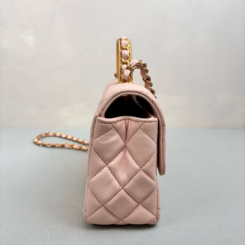 Chanel CF Mini 23K Cherry Blossom Pink Handle Chip Bag with Gold Woven Handle Classic Diamond Pattern Chain Shoulder Strap