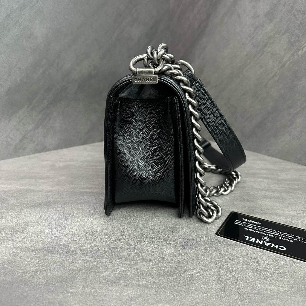 Chanel Le Boy Medium Black Silver Caviar Leather Chain Bag 26 with Card, structured interior, clean lining.