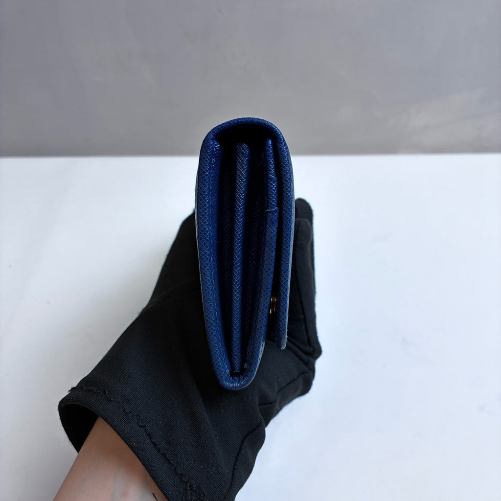 Prada Deep Blue Cross Grain Leather Flap Long Wallet 99% New Size: 18.5×9
