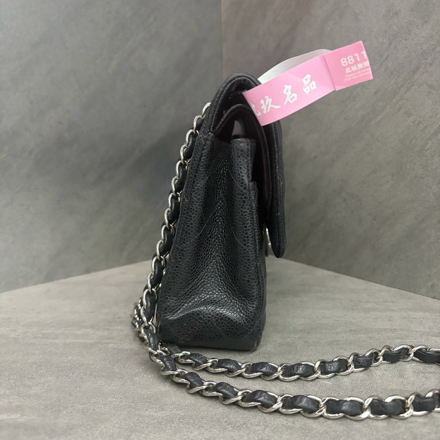 Chanel CF Medium Black and Silver Litchi Leather 18K