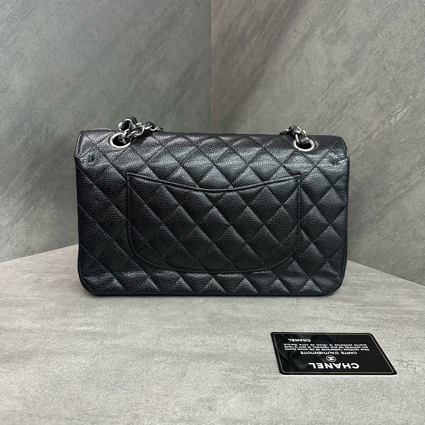 Chanel CF Medium Black/Silver Litchi Lambskin Chain Bag 19, Comes with Card, Structured Shape, Clean Interior