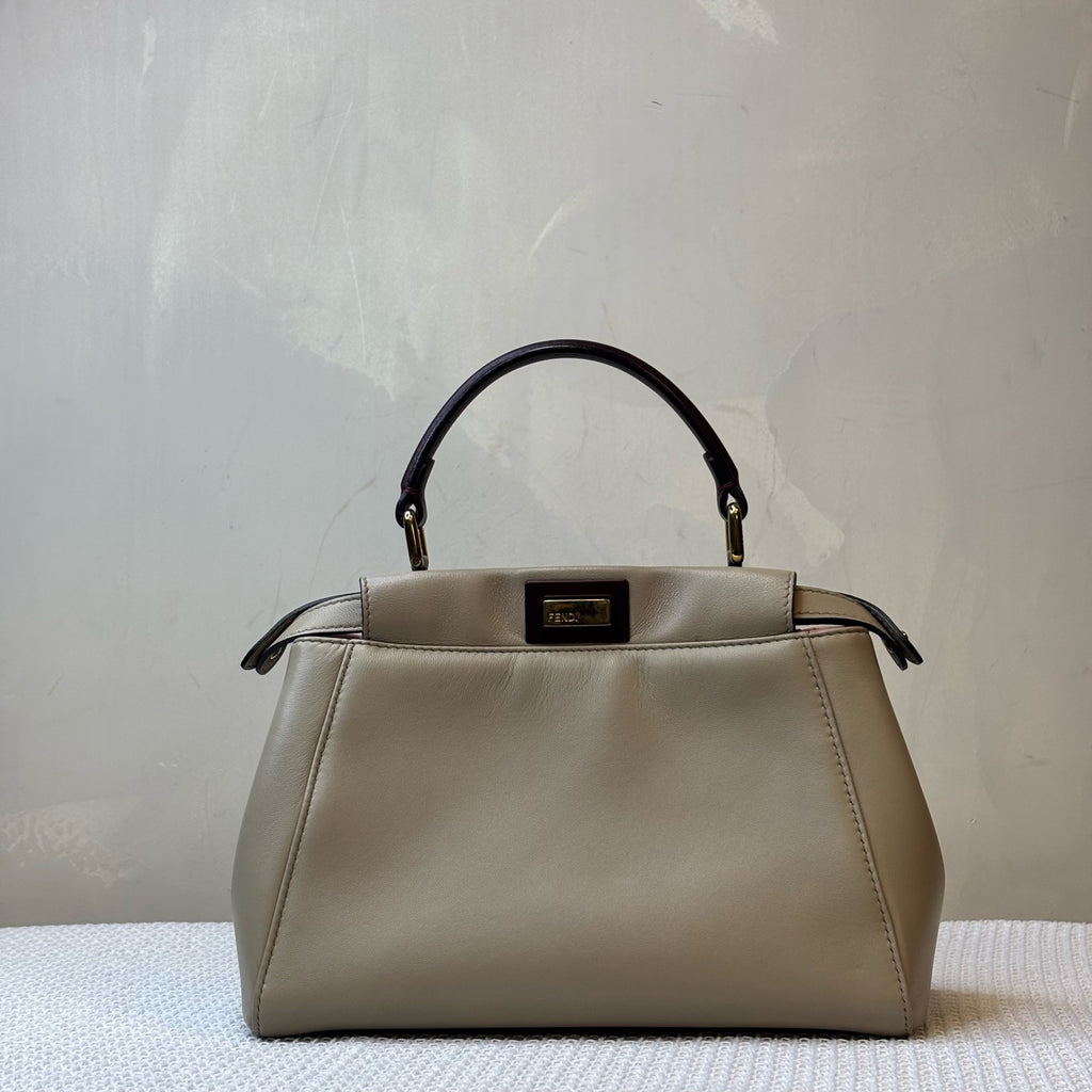 Fendi Peekabo Leather Bag, Light Grey with Dark Red, 98% New, Size 24*19, Shoulder Bag