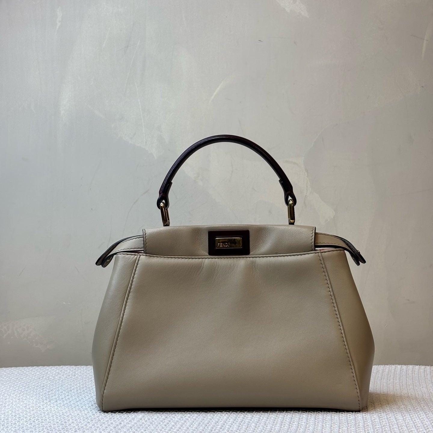Fendi Peekabo Leather Bag, Light Grey with Dark Red, 98% New, Size 24*19, Shoulder Bag