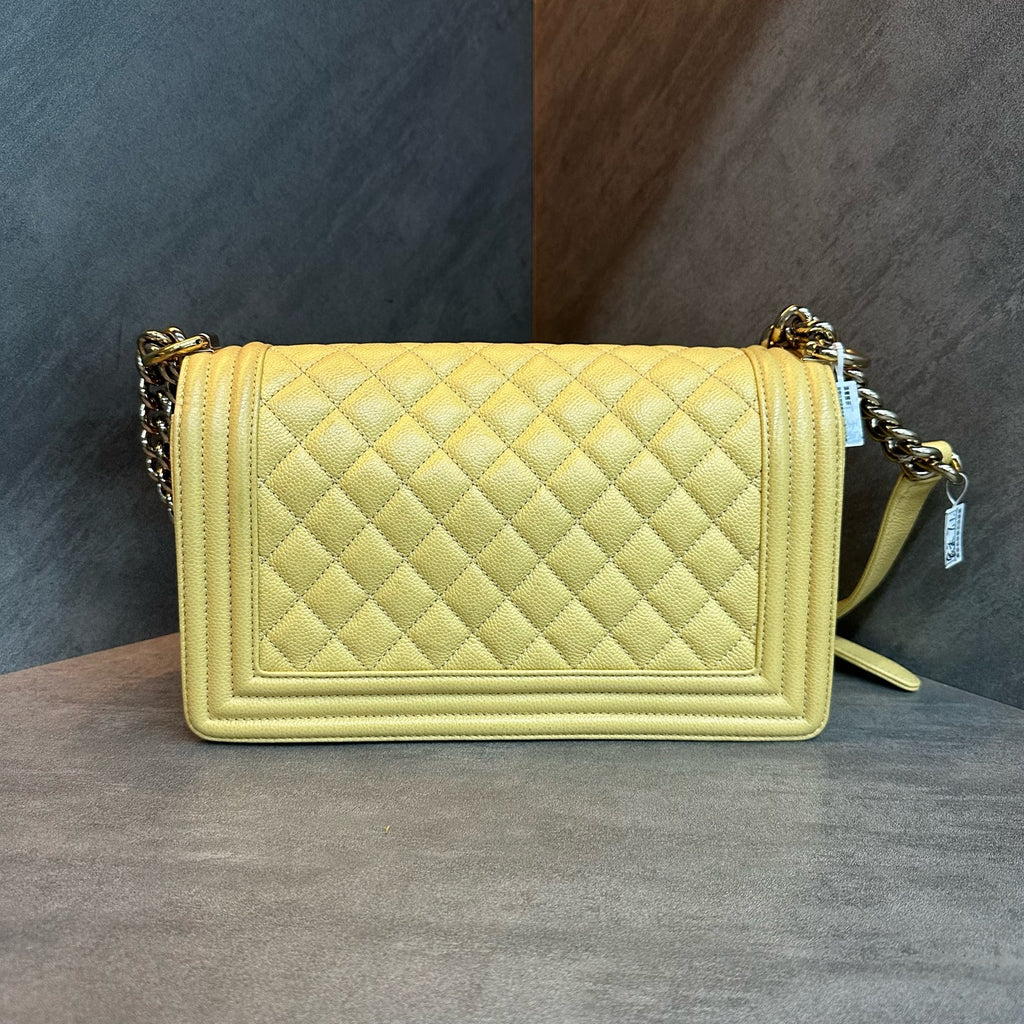 Chanel Leboy Medium Size Yellow Gold-Tone Hardware Lizard Embossed Calfskin Chain Bag with Microchip