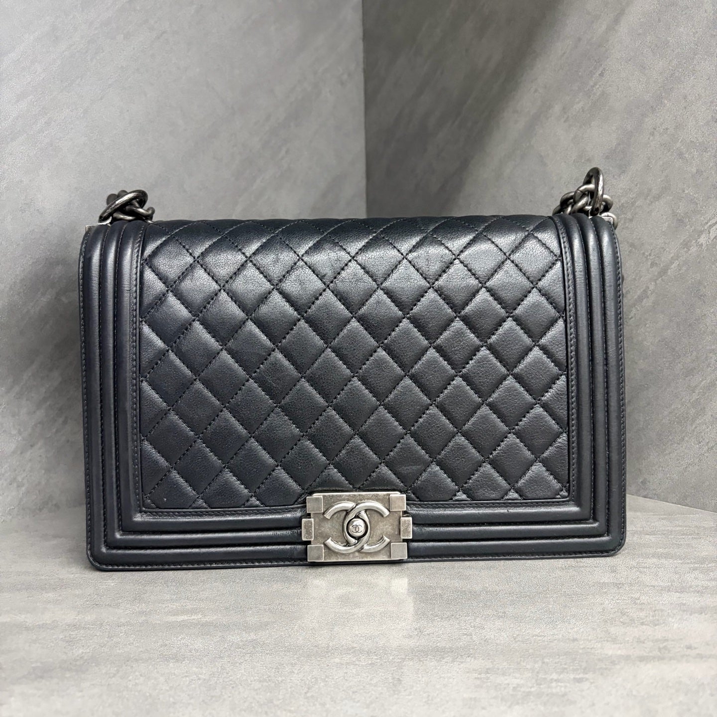 Chanel Le Boy medium-large black and silver calfskin bag, 19th series no card, structured shape, clean interior, original condition