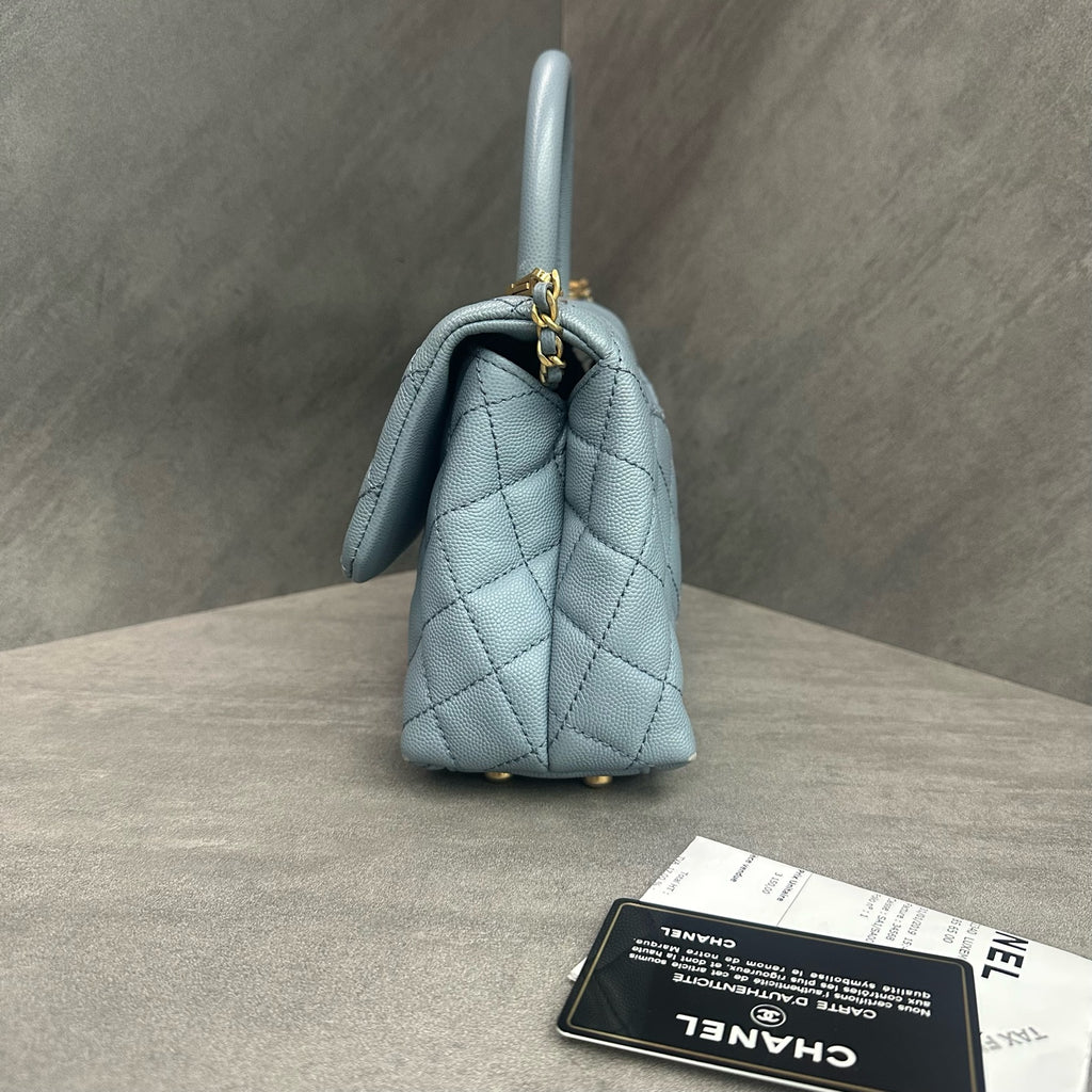 Chanel Coco Handle Small Bag in Sky Blue, Model 27, Includes Card and Receipt, Made of Grained Calfskin.