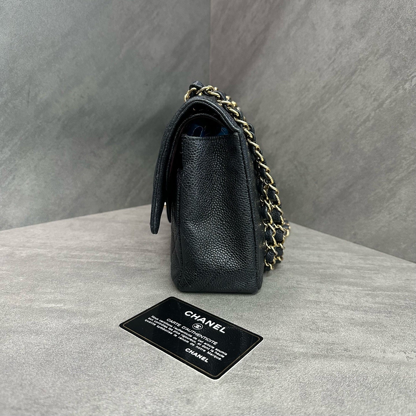 Chanel CF Medium Black Gold Lambskin Chain Bag 17 Open with Card