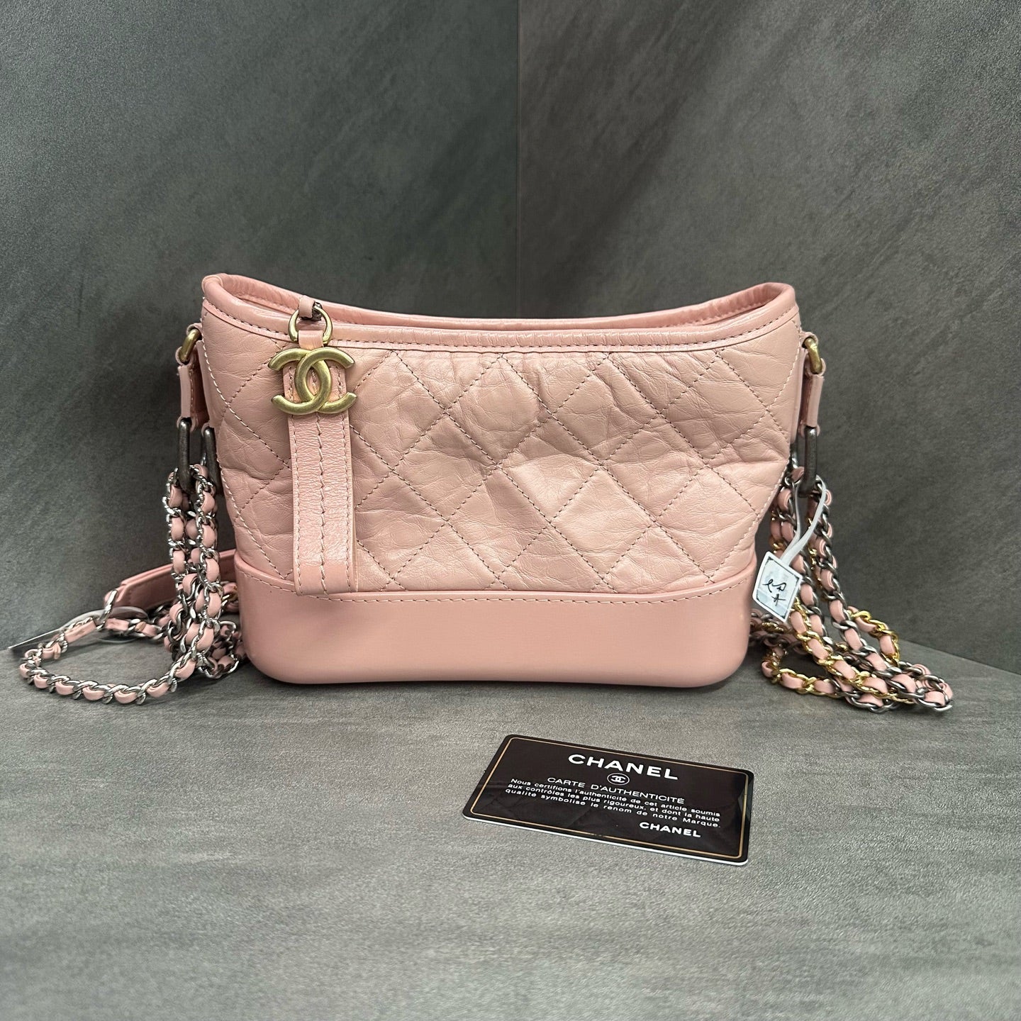 Chanel Pink Quilted Lambskin Two-tone Chain Gabrielle Hobo Bag Small Size, Serial Code 27, with Authenticity Card