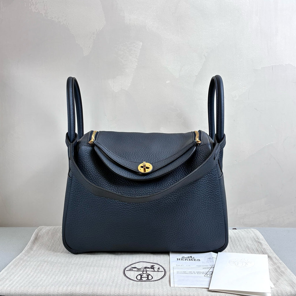 Hermès 99% New Frame P刻 Lindy30 Midnight Blue with Gold Hardware, Accessories, Dust Bag, Original Excellent Condition