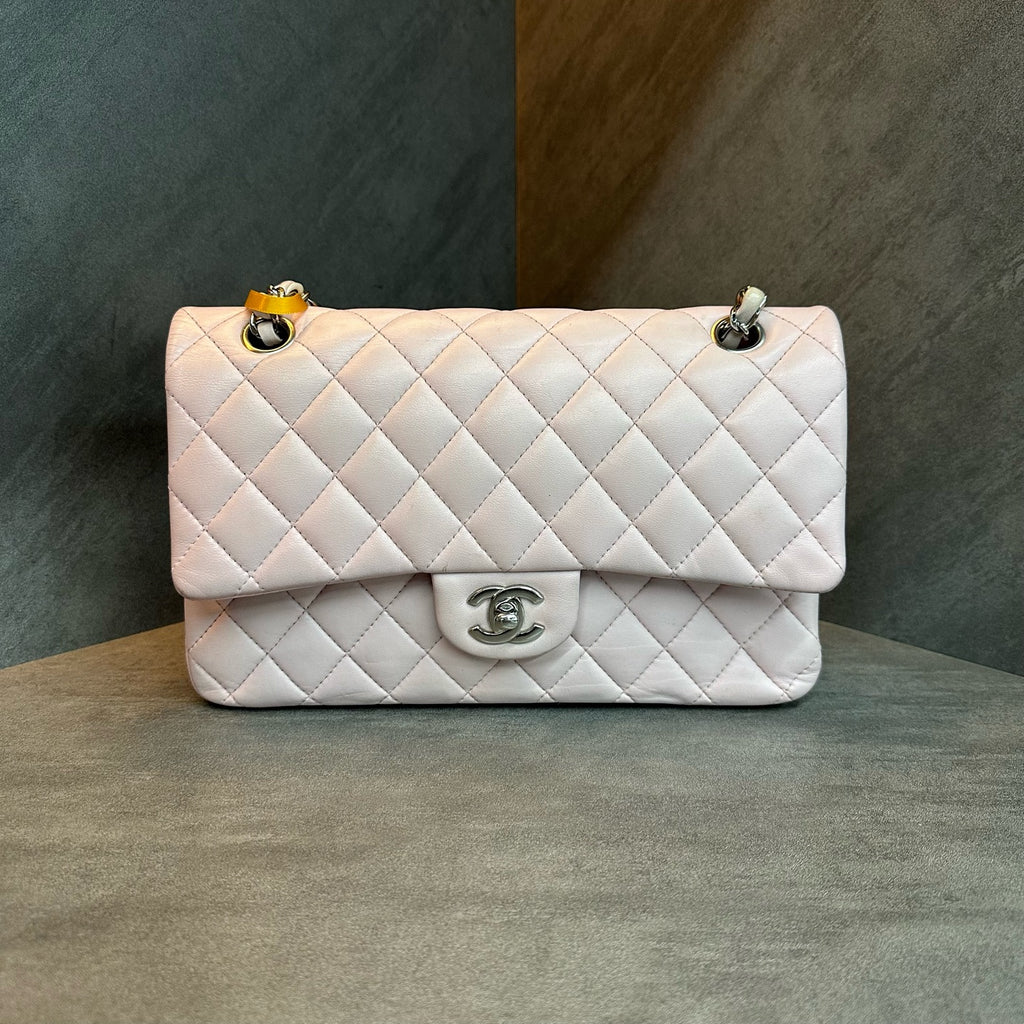 Chanel Medium Classic Flap Pink Silver Lambskin Chain Bag, 25-series code, structured shape, clean interior