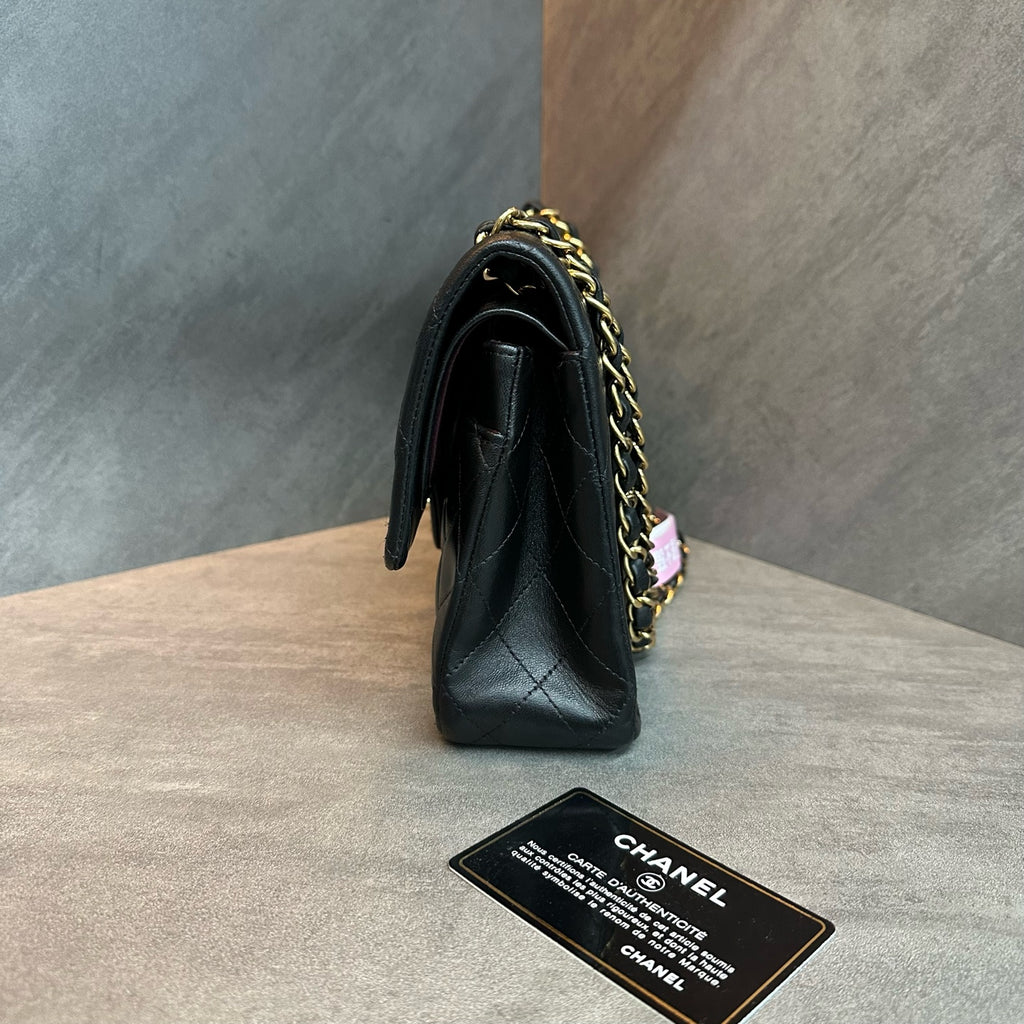 Chanel Classic Flap Medium, Black Lambskin with Gold Hardware, Structured Shape, Clean Interior, 15 Series with Authenticity Card