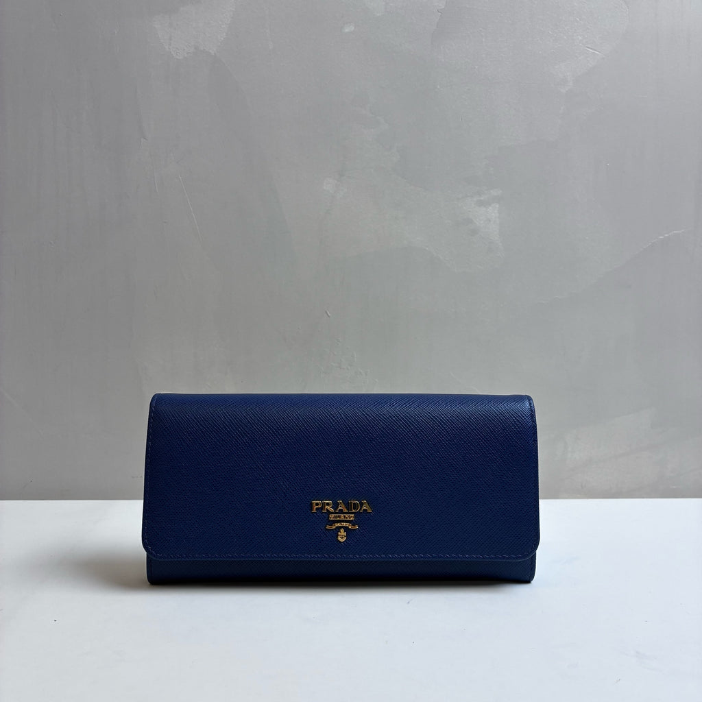 Prada Deep Blue Cross Grain Leather Flap Long Wallet 99% New Size: 18.5×9