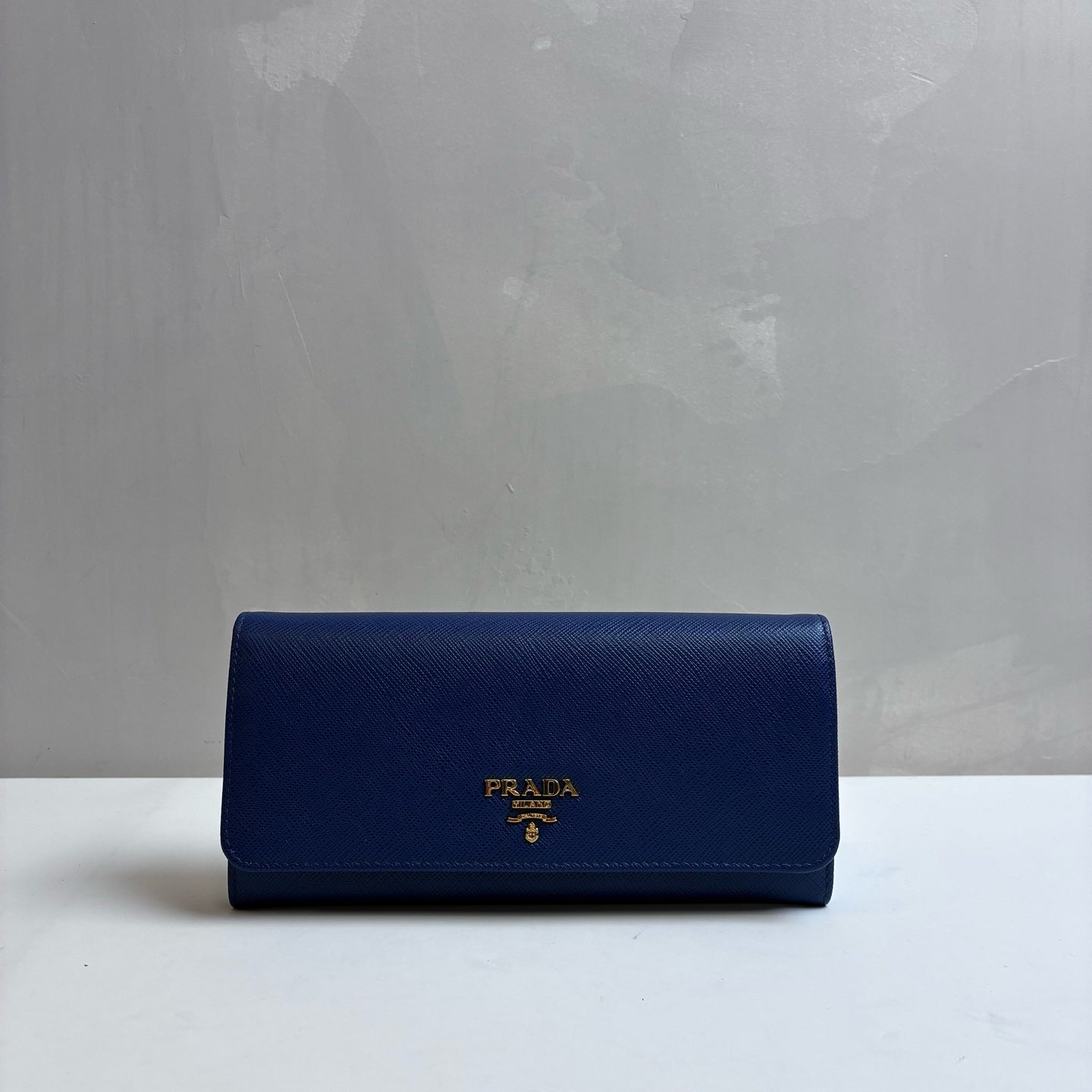 Prada Deep Blue Cross Grain Leather Flap Long Wallet 99% New Size: 18.5×9