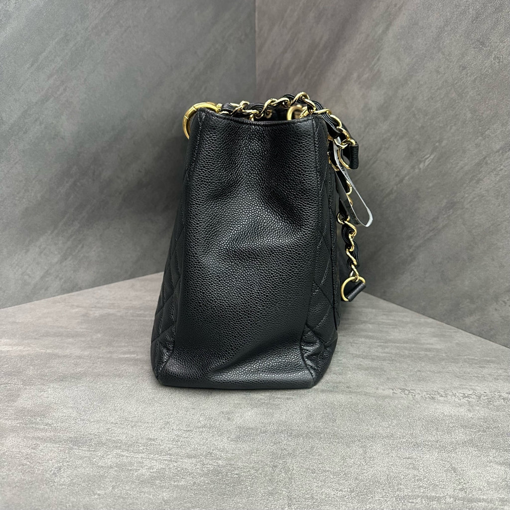 Chanel GST Black Gold Litchi Leather Tote Bag Medium Size 16 Open