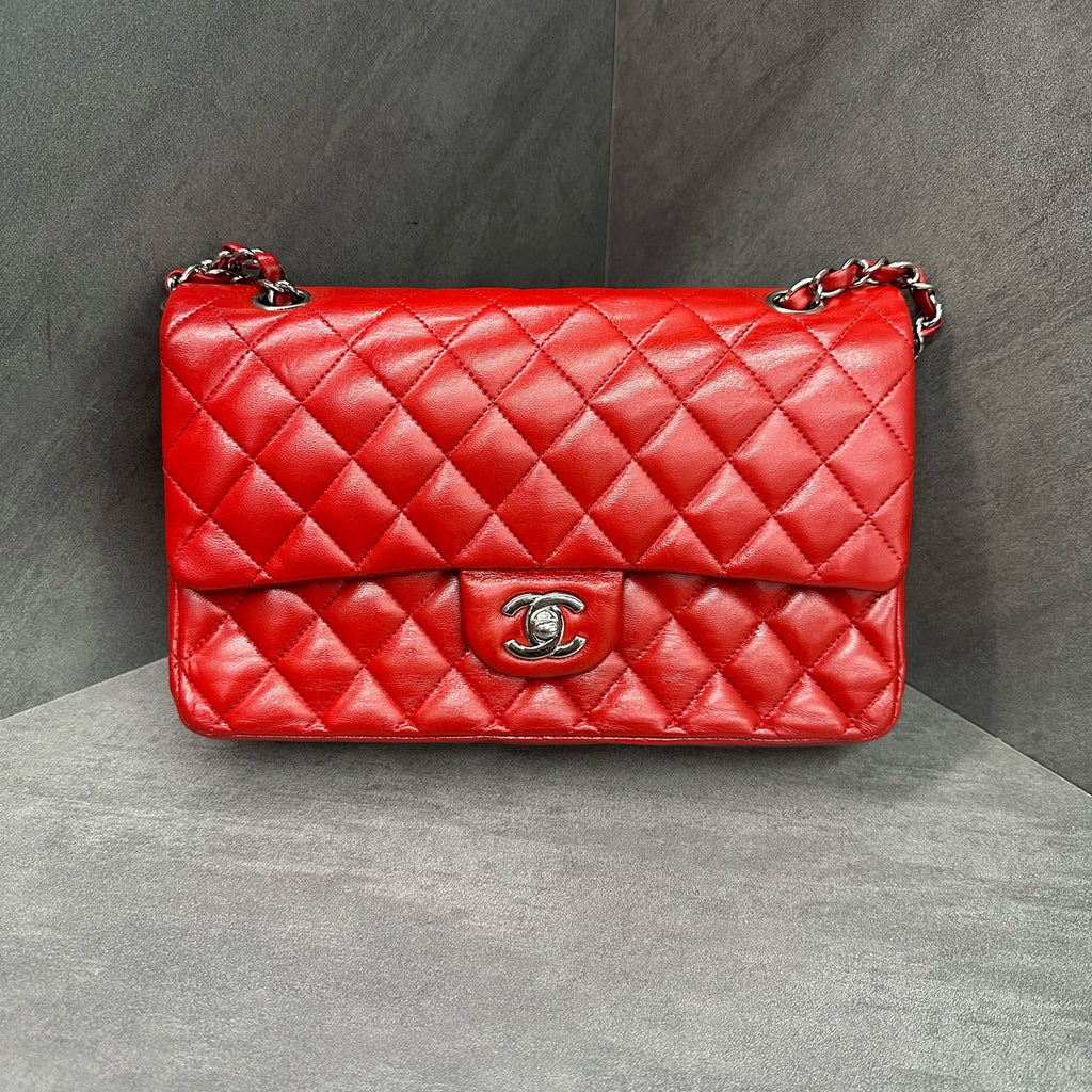 Chanel CF Medium Red Silver Lambskin Chain Bag, 15 Opening, Interior Clean.