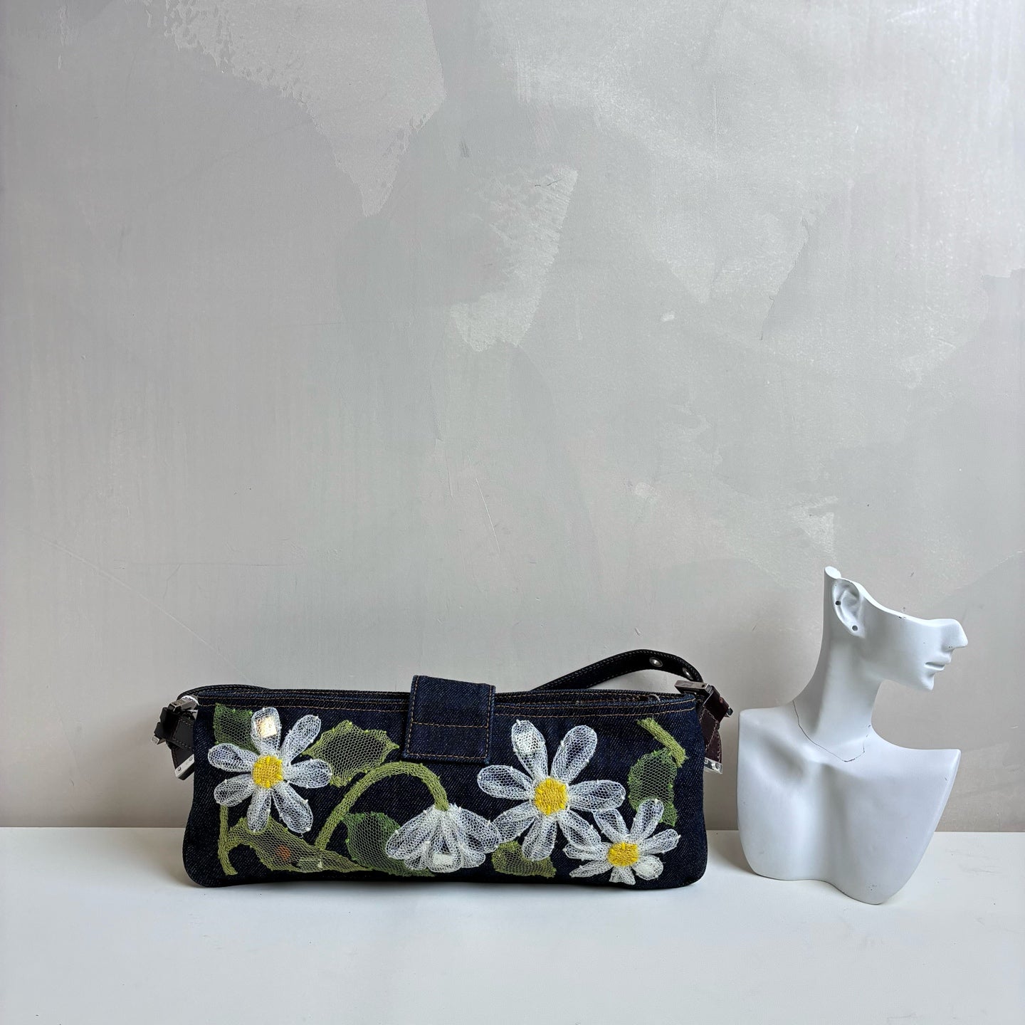 Fendi Baguette Denim Lace Flower Baguette Crossbody Bag 99% New Size: 30*12 Dark Blue