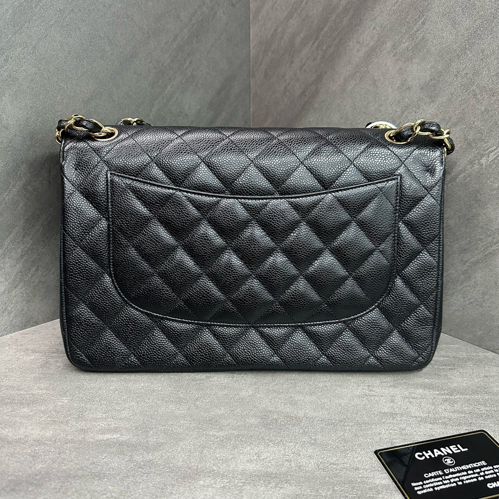 Chanel CF Jumbo Black and Gold Litchi Leather Chain Bag, 14-inch with Card, Structured Shape, Clean Interior.