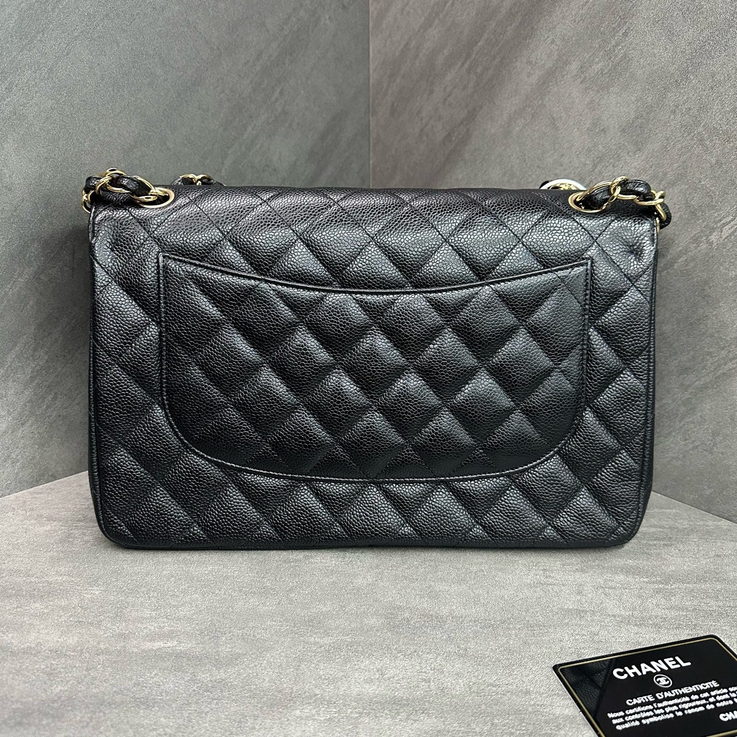Chanel CF Jumbo Black and Gold Litchi Leather Chain Bag, 14-inch with Card, Structured Shape, Clean Interior.