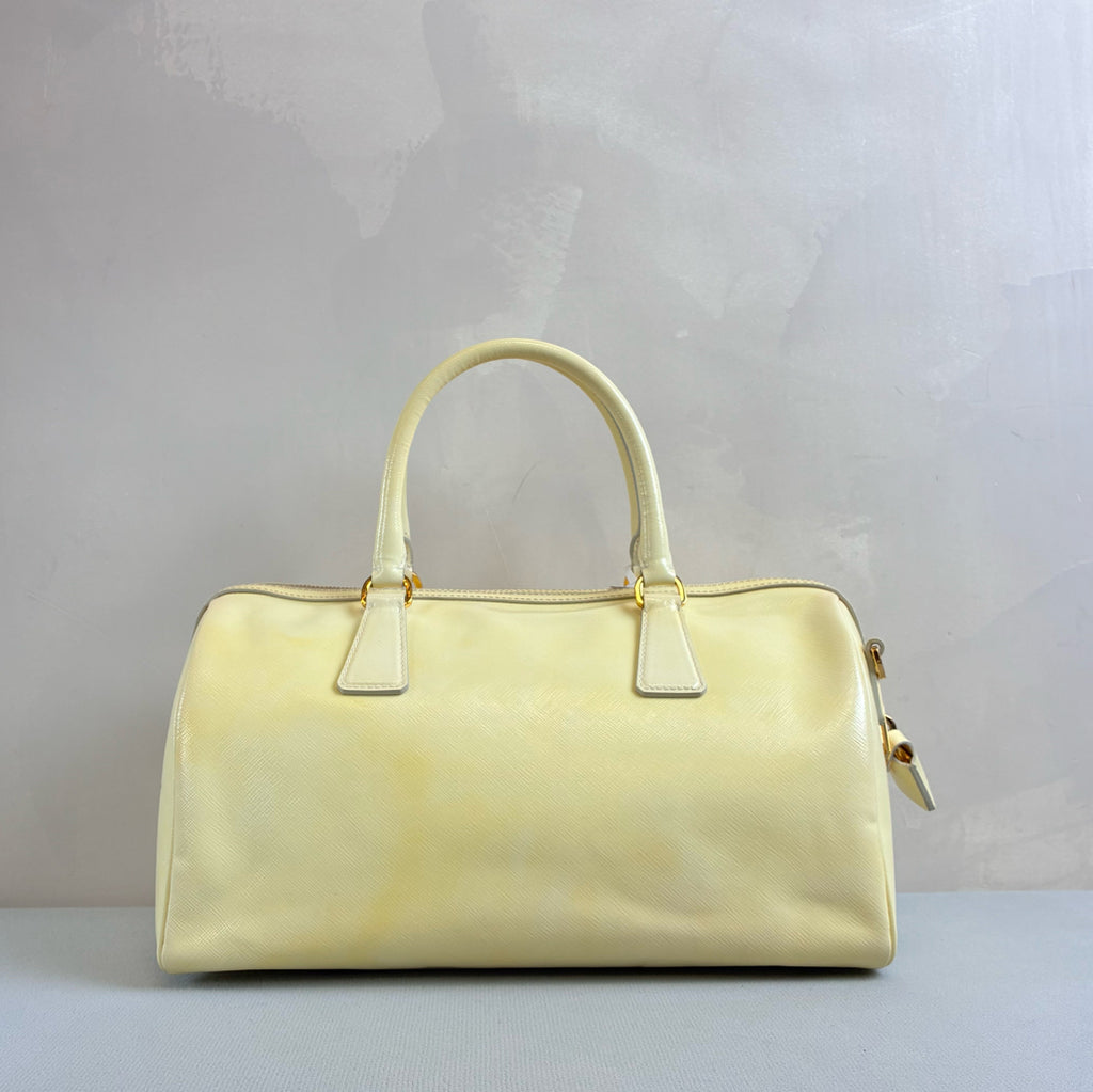Prada 98% New Chick Yellow Patent Leather Boston Tote Handbag Crossbody Bag Saffiano Texture Size 32*17