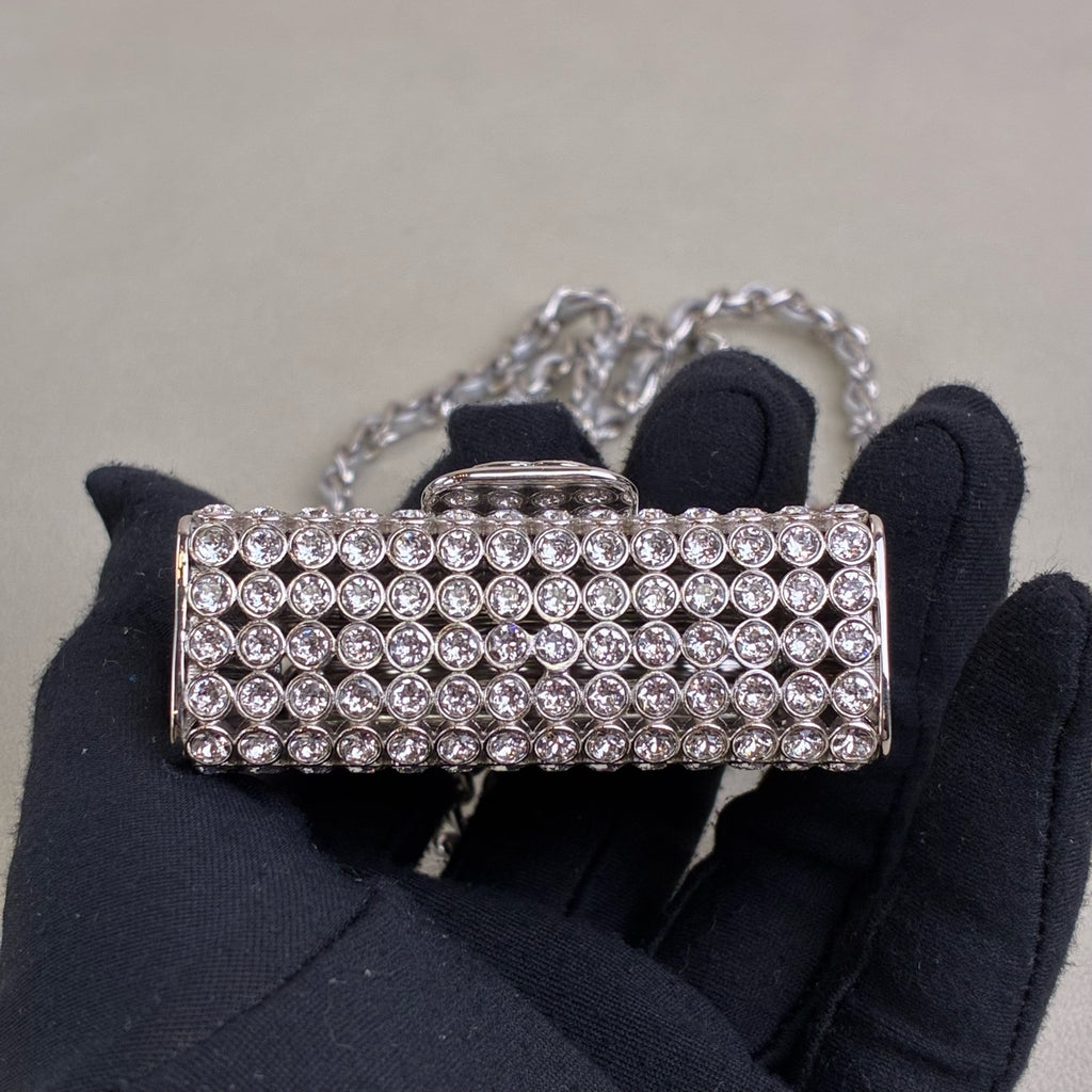 Chanel tiny bag mini silver full rhinestone necklace bag gray lambskin chain water crystal inlay size 6*