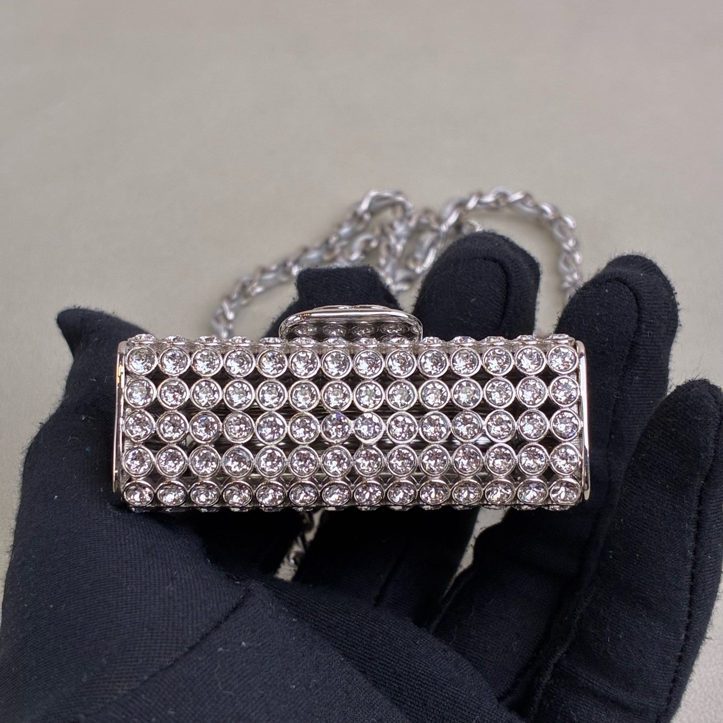 Chanel tiny bag mini silver full rhinestone necklace bag gray lambskin chain water crystal inlay size 6*