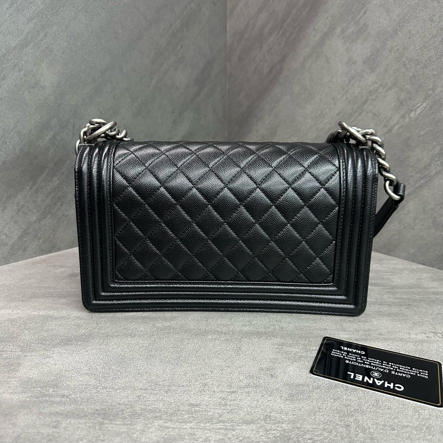 Chanel Le Boy Medium Black Silver Caviar Leather Chain Bag 26 with Card, structured interior, clean lining.