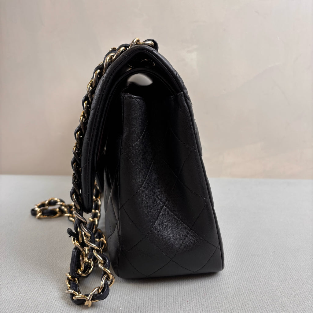 CHANEL Black and Silver Double Flap CF Jumbo Shoulder Crossbody Bag Lambskin Large Black and Gold Size: 30*20 1