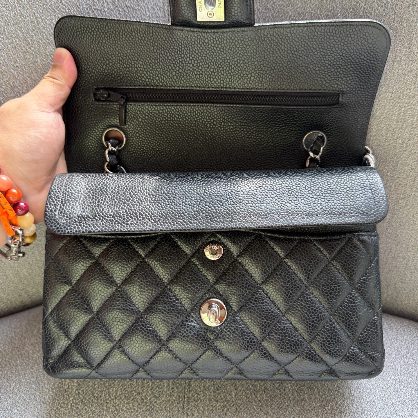 Chanel CF Small, Black and Silver Caviar Leather, Microchip Version