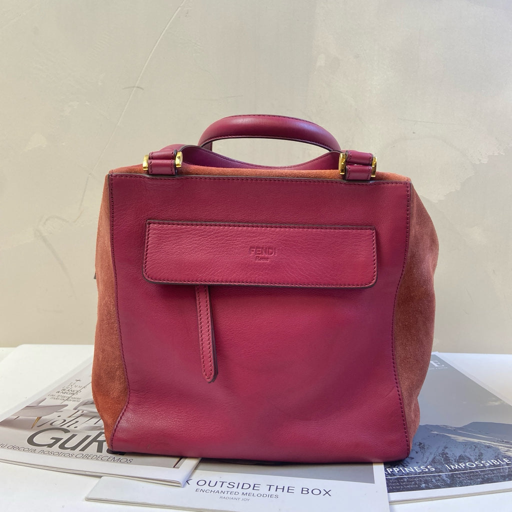FENDI Deer Leather Patchwork Women's Bag Shoulder Bag 98% New Size 24*24*23 Burgundy Suede and Cowhide