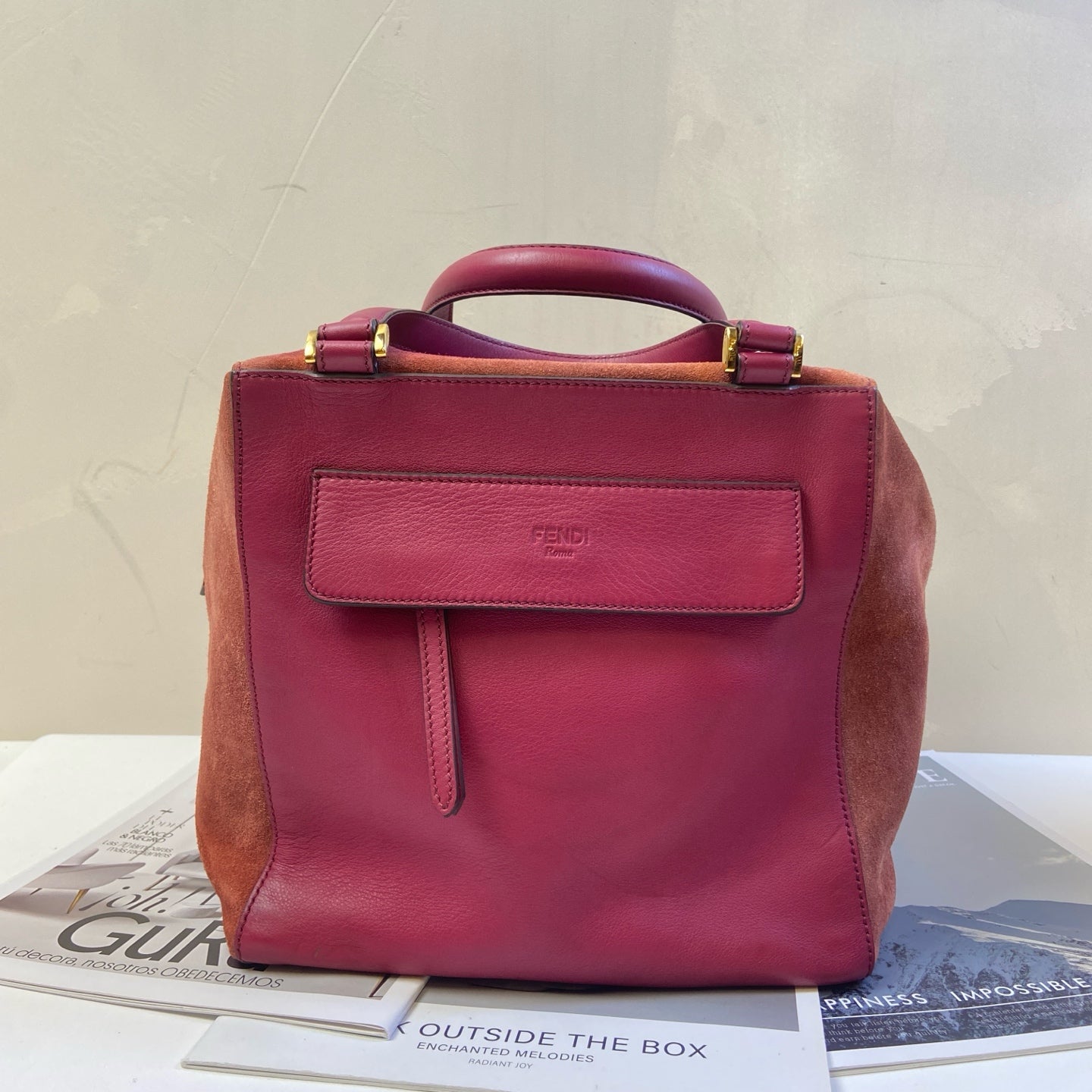 FENDI Deer Leather Patchwork Women's Bag Shoulder Bag 98% New Size 24*24*23 Burgundy Suede and Cowhide