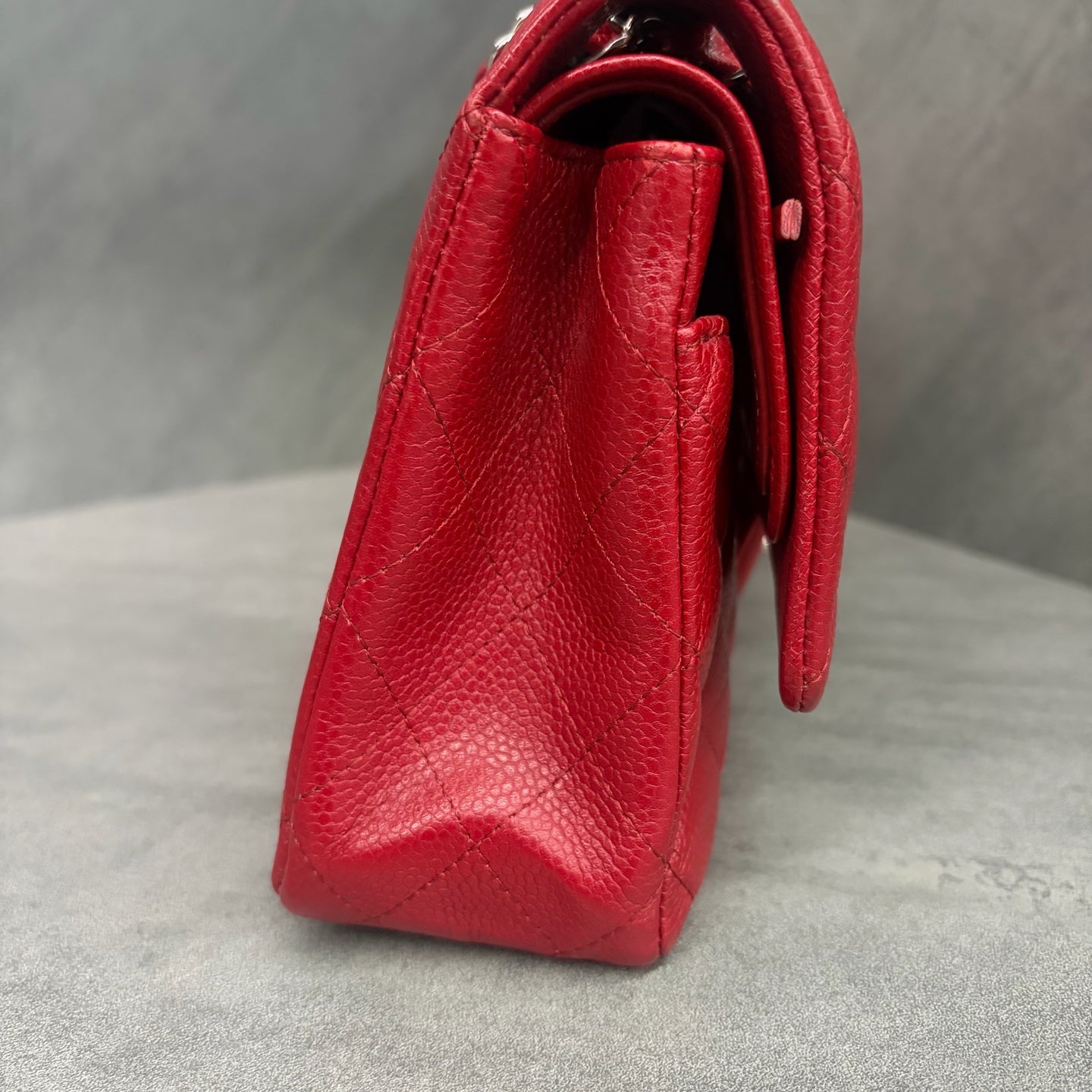 CHANEL red lychee pattern cf medium size 14 with warranty card in original condition