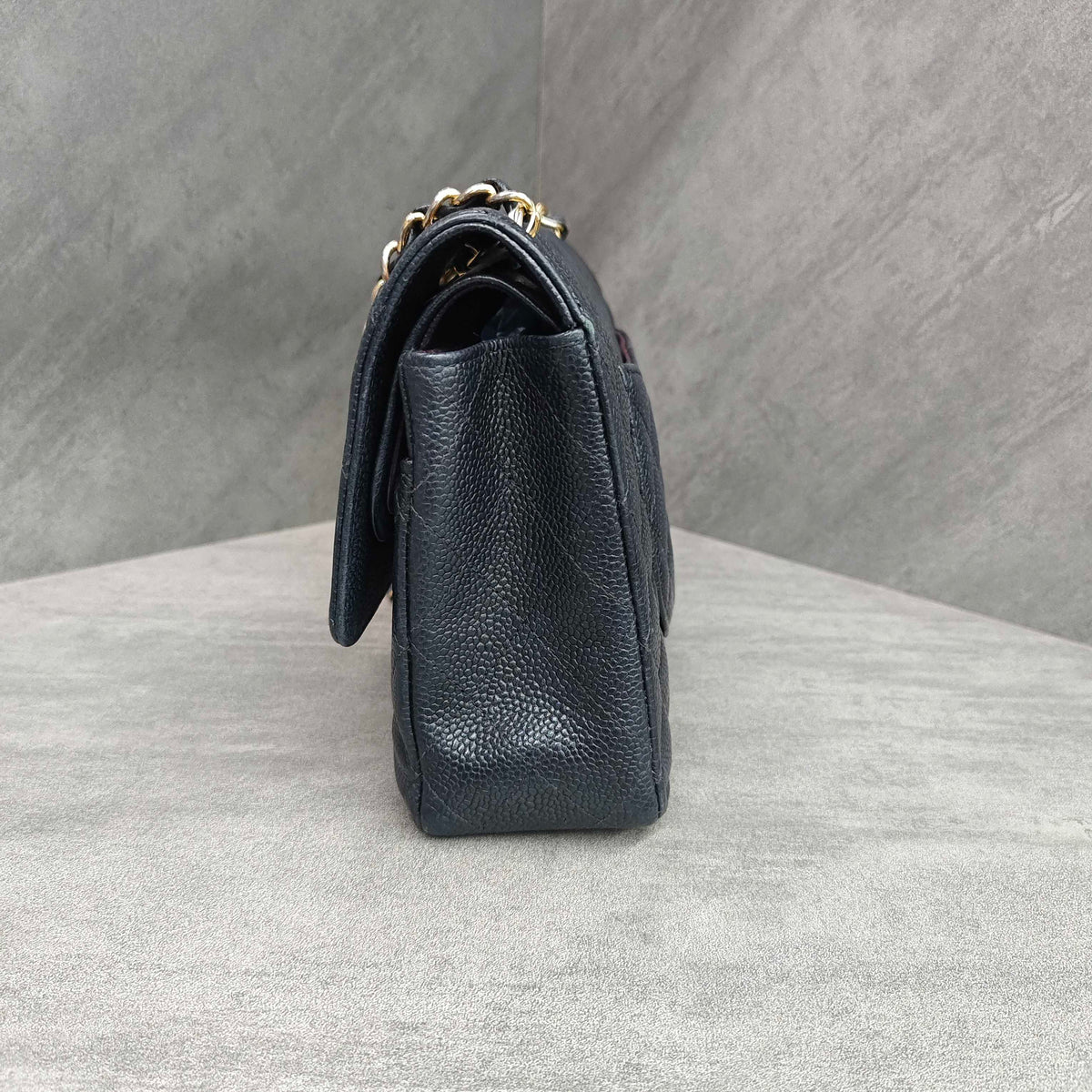 Chanel CF Medium Black and Gold Litchi Leather Chain Bag 23 Opening No Card, Structured Shape
