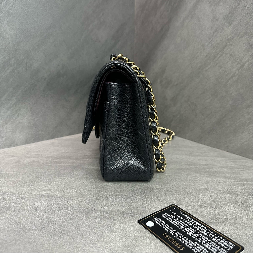 Chanel CF Medium Black Gold Litchi Leather Chain Bag, 19-series with authenticity card, structured shape, clean interior