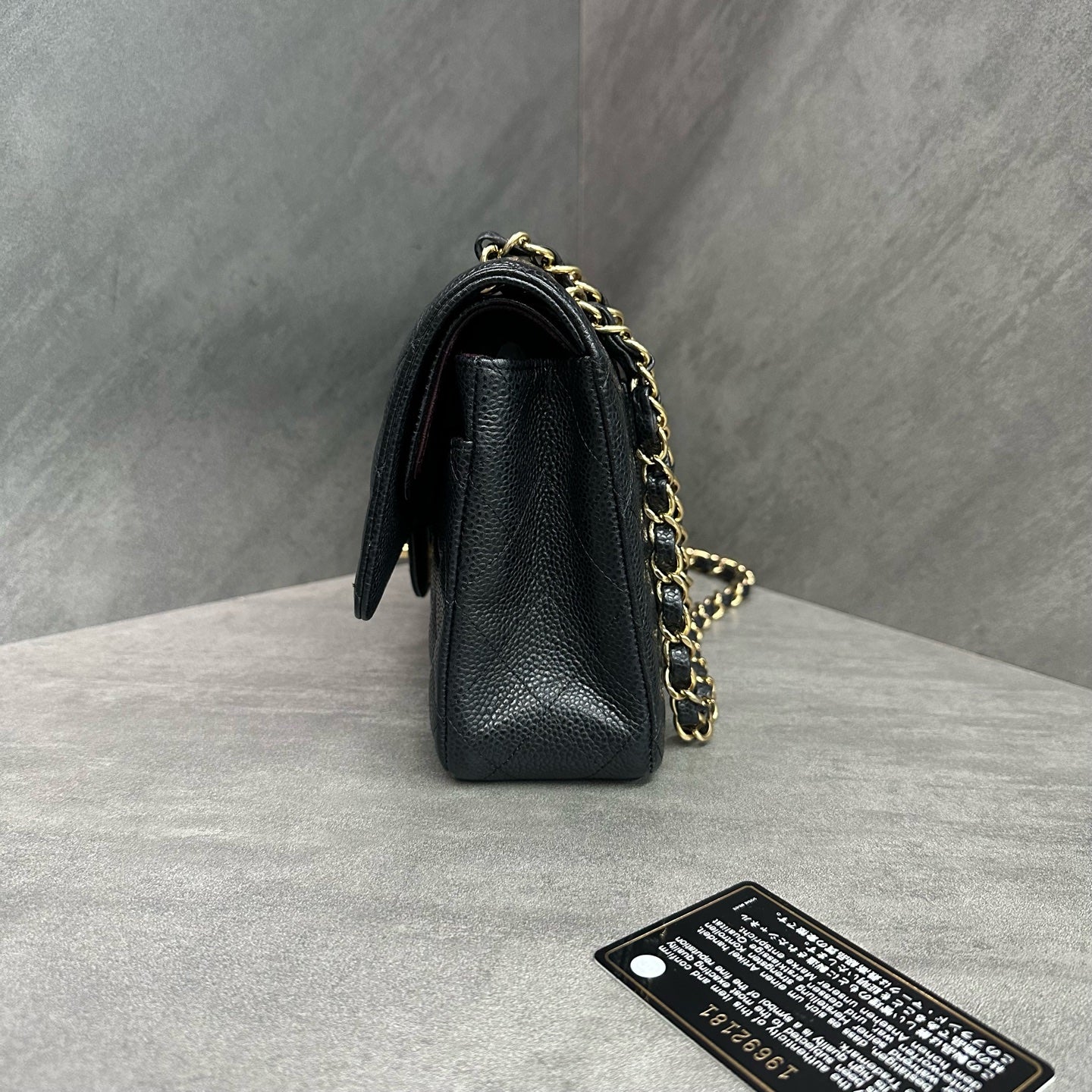 Chanel CF Medium Black Gold Litchi Leather Chain Bag, 19-series with authenticity card, structured shape, clean interior