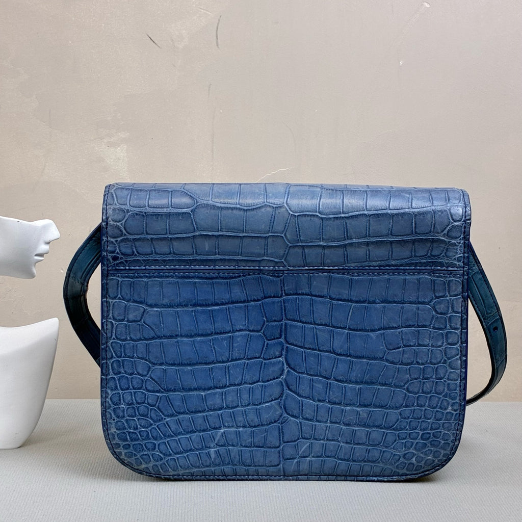 99% New CELINE Box Medium Fog Blue with Gold Hardware Matte Crocodile Leather Shoulder Crossbody Bag 2012 Size 24*18 12