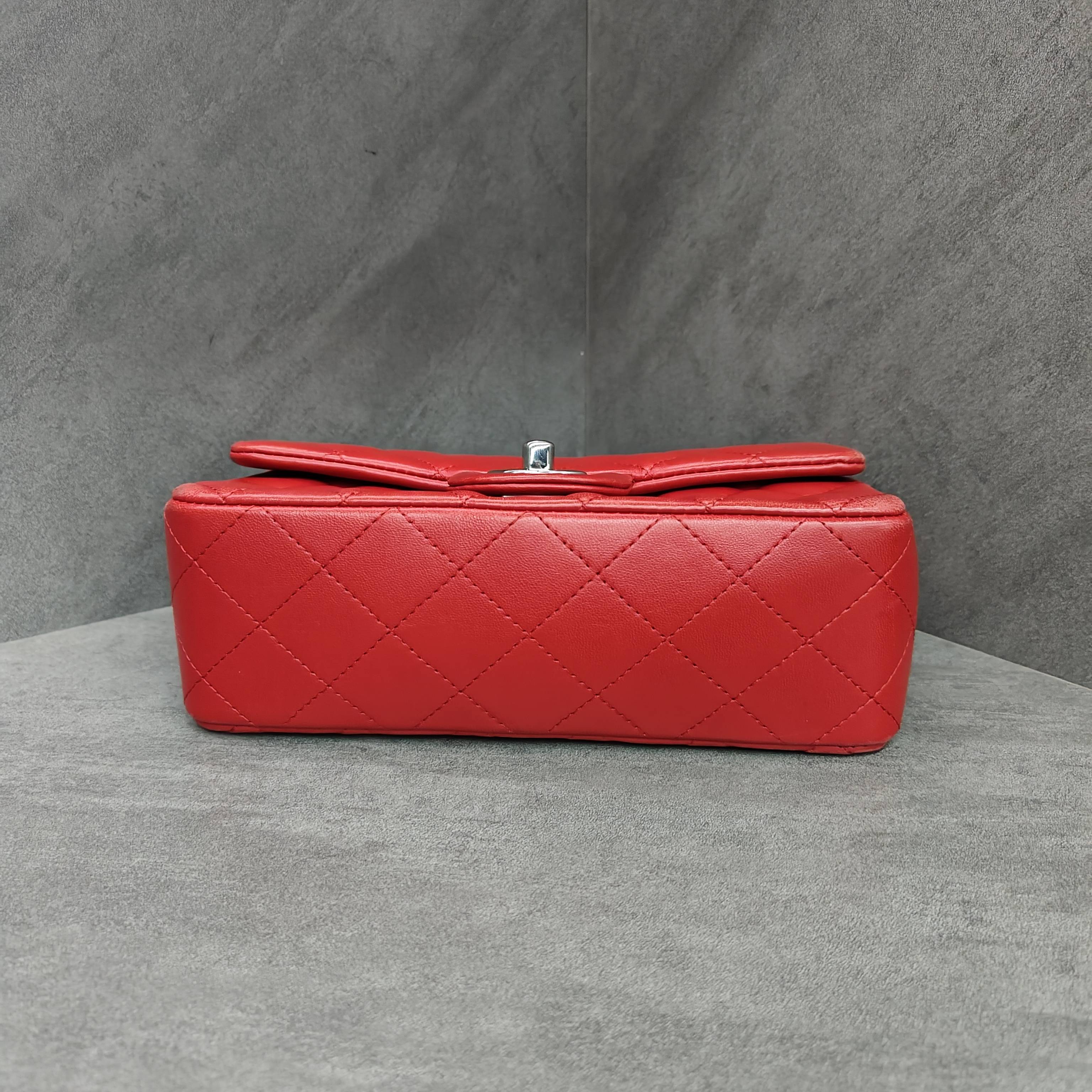 Chanel CF Squared Bag Red Silver Lambskin Chain Bag 18K with Cards Structured Shape Clean Interior #Chanel/Chanel