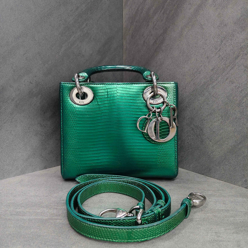Dior Lady Dior Green Lizard Skin Silver Buckle Tote Shoulder Bag 2015