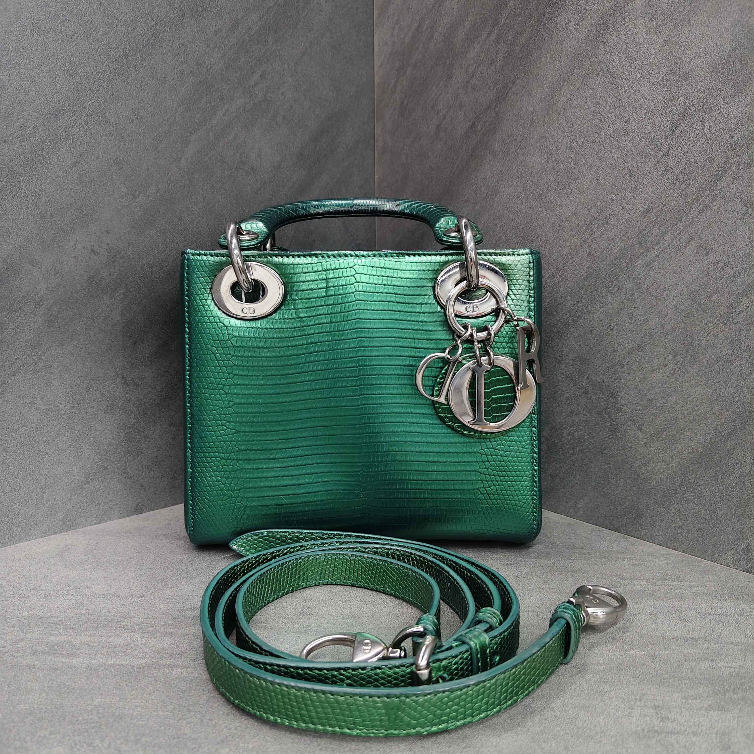 Dior Lady Dior Green Lizard Skin Silver Buckle Tote Shoulder Bag 2015