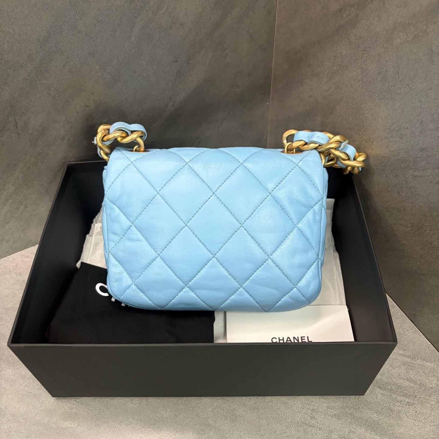 Chanel 22s Two-tone Chain Square Flap with Chip, Full Set