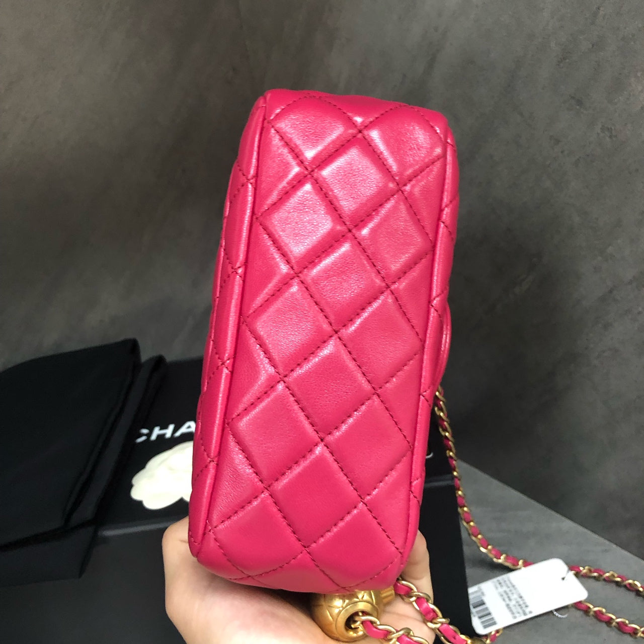 Full set of Chanel Classic Flap with gold-tone hardware square, deep rose pink, 29 serial code, with authenticity card, partial protective film intact