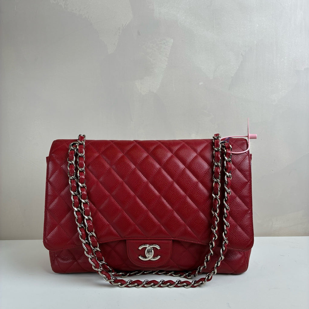 CHANEL cf jumbo max 13-inch red diamond-patterned lychee grain leather shoulder bag with silver chain buckle, bottom length