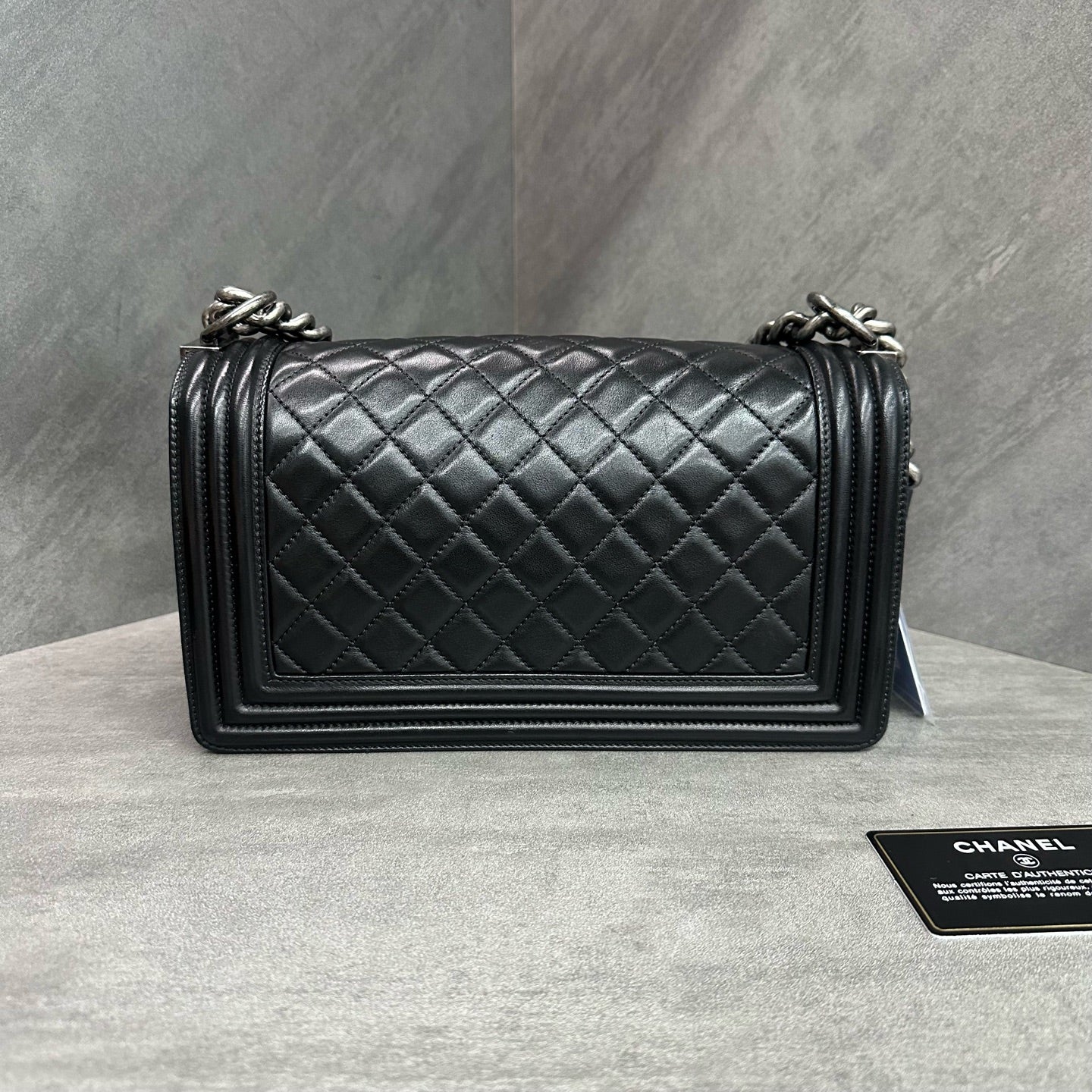 Chanel leboy medium black and silver lambskin chain bag, 16-series with card, structured shape, clean interior