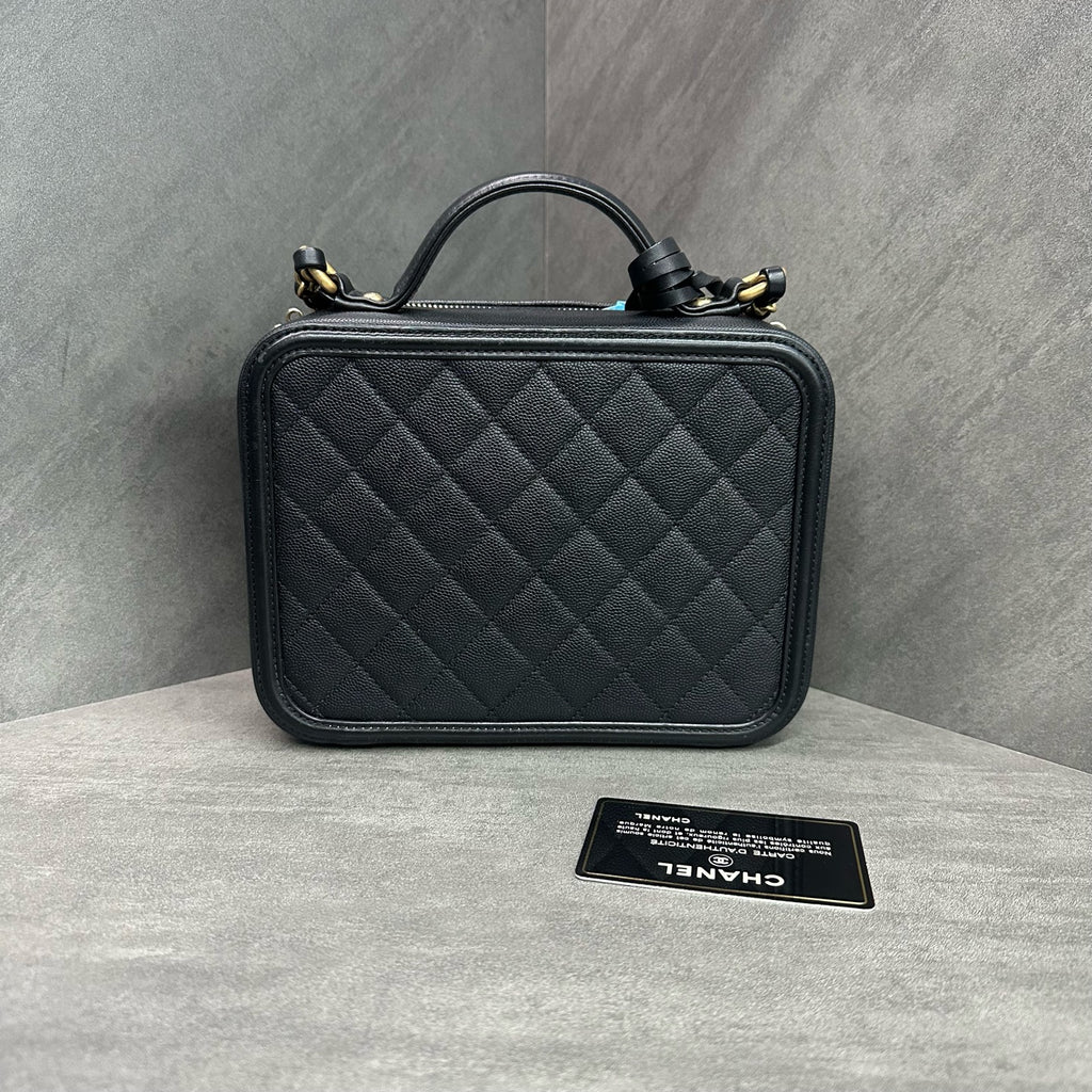 Chanel Vanity Case Black Quilted Camera Bag with Gold Hardware Medium 25 Opening with Card